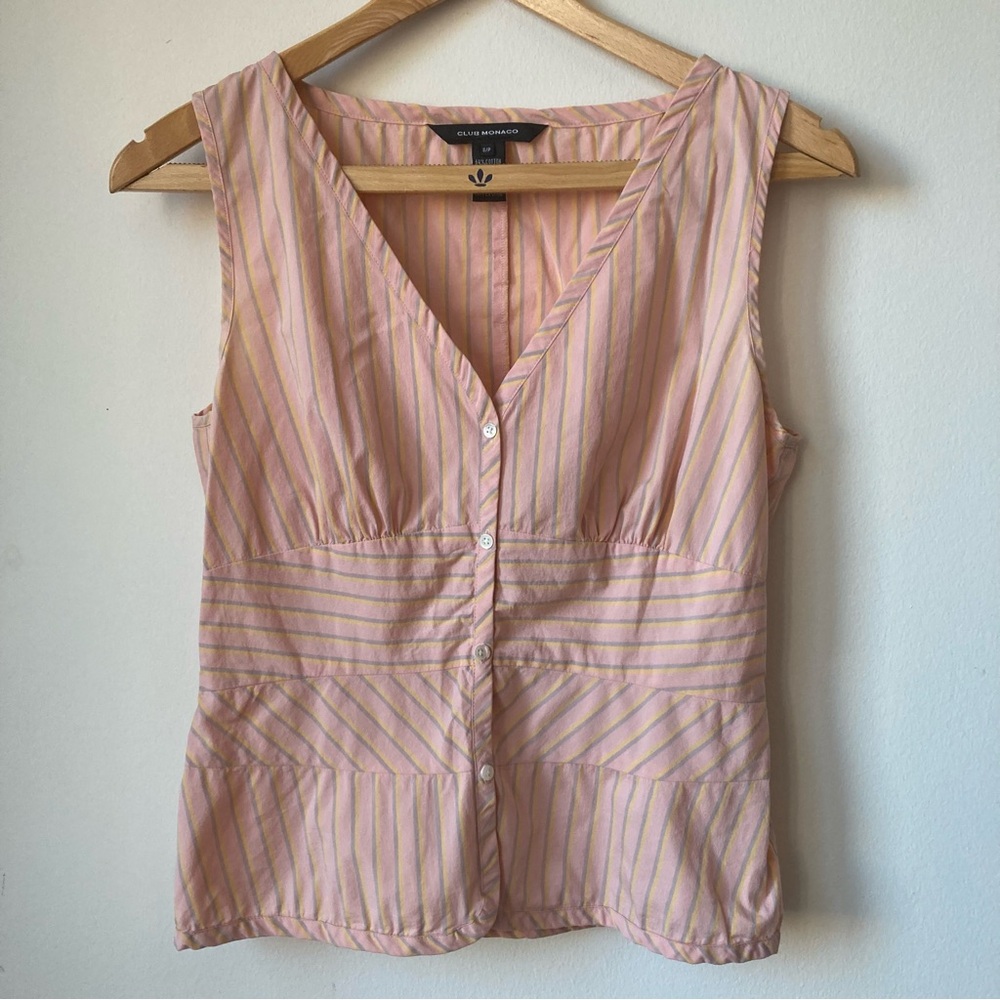Club Monaco sleeveless V-neck top women's small S striped Summer Preppy Casual